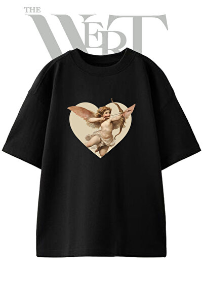 THEWERT Unisex crna oversize majica sa printom dizajna Kupidona