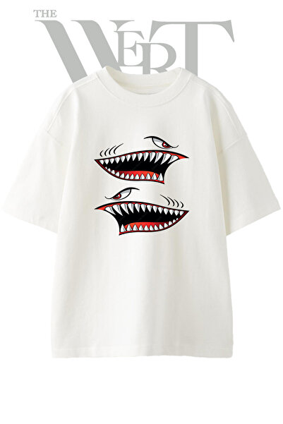 THEWERT تي شيرت أبيض كبير الحجم مطبوع بتصميم Shark mouth_2 للجنسين