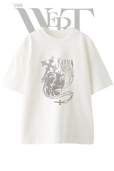 THEWERT Tricou oversize alb unisex cu imprimeu Karma Rosary Design