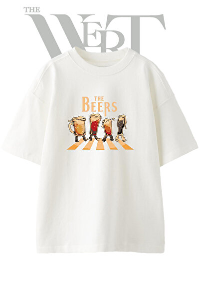 THEWERT تي شيرت أبيض كبير الحجم مطبوع بتصميم Beer Abbey Road للجنسين