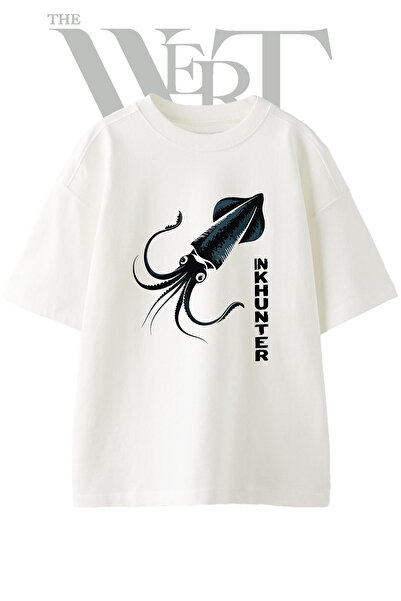 THEWERT Ink Squid Design Printed Unisex White Oversize T-Shirt