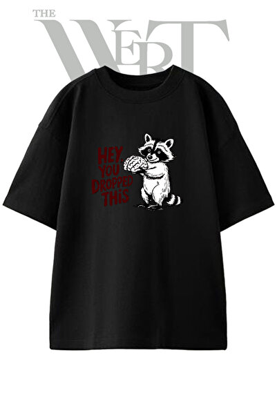 THEWERT Raccoon Meme Design Printed Unisex Black Oversize T-Shirt