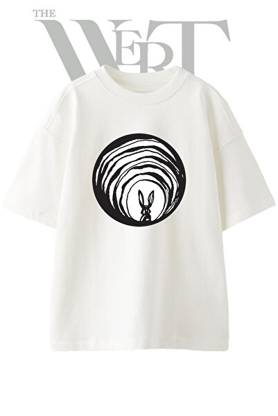 THEWERT Rabbit Hole Design Printed Unisex White Oversize T-Shirt