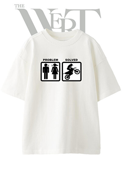 THEWERT Motocross Wheelie Design Printed Unisex White Oversize T-Shirt