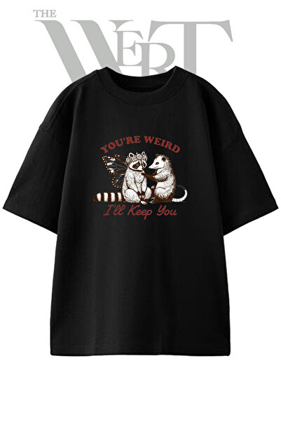 THEWERT Μπλουζάκι Unisex με στάμπα Raccoon Opossum Design, Μαύρο Oversize