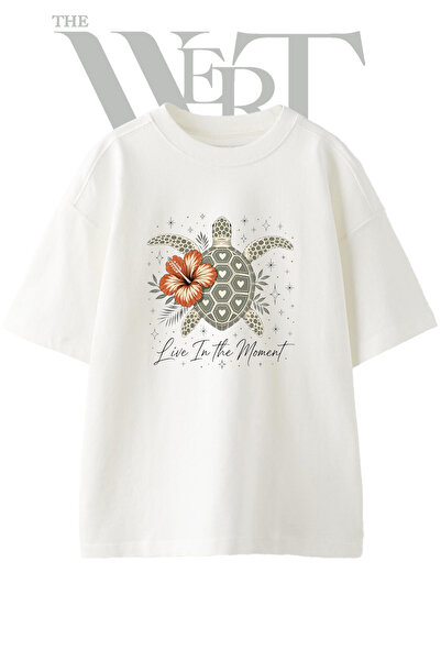 THEWERT Sea Turtle Hibiscus Design Printed Unisex White Oversize T-Shirt
