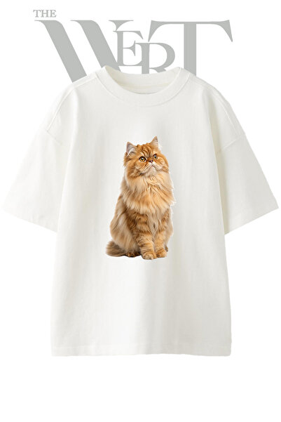 THEWERT Tricou oversize alb unisex cu imprimeu cu design de pisică persană