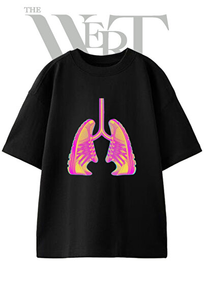 THEWERT تي شيرت أسود كبير الحجم مطبوع بتصميم Lungs Sneakers للجنسين