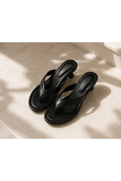 CİMİLİ SHOES Women's Black Leather Flip-Flop Heeled Slippers Orthopedic Women's Sandals