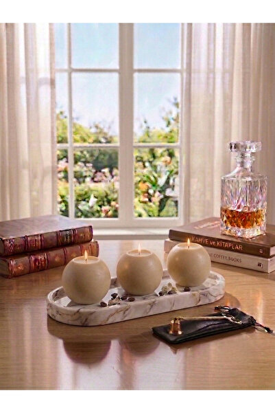 LUNİVAA HOME Dekoratif Mermer Desenli Oval Tepsi ve 3'lü Yuvarlak Top Mumluk ...