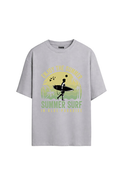 Summer Surf Baskılı PREMİUM Bisiklet Yaka %100 Pamuk kısa kollu Oversize Tshirt E-02
