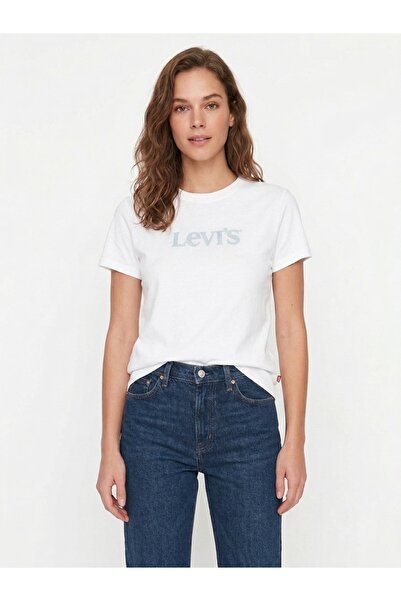 Levi's Favorite Rhinestone Club Logo Women's White Crewneck T-Shirt with Ston...