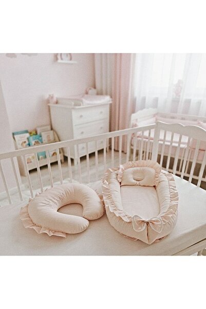 Babynest Ortopedik Fırfırlı Bej ve bas yastık ve Fırfırlı emzırme yastığı