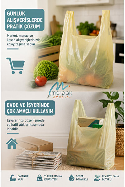 Merpak Ambalaj Kalın Sarı Poşet Küçük Boy 1 Kg Market Manav Poşeti 25x45 cm Hışır Atlet Poşet Çöp Poşeti