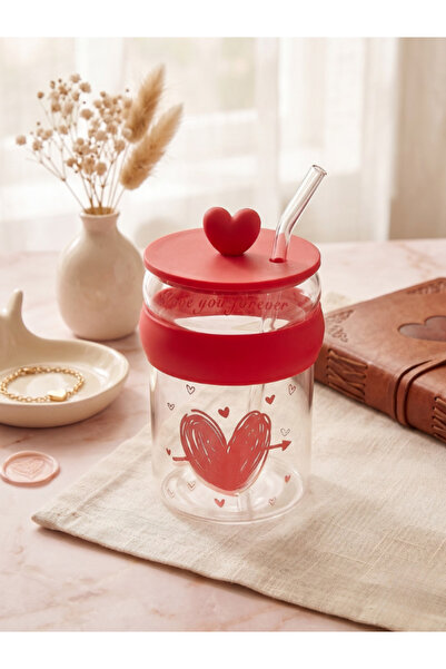 Tohana Heart Themed Glass Mug with Straw - Gift for Lovers