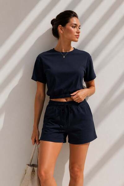 Modafeminen Oversize Crop T-Shirt Shorts Two-Piece Sports Set 581773 Navy Blue