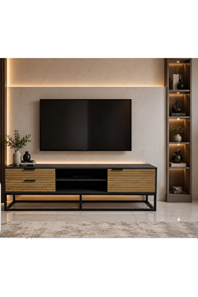 DEC15 Modern Wooden Tv Cabinet-180 Cm-With Solid Base and Vertical Lines Drawers