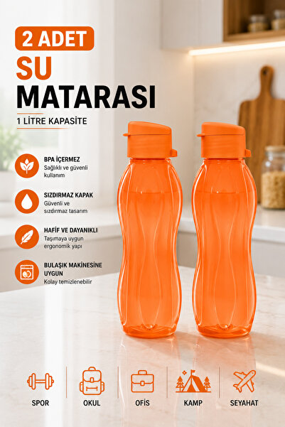 Dünya Sünger 1 Litre Su Matarası BPA İçermez 2 Adet Turuncu 1. Kalite Sızdırm...