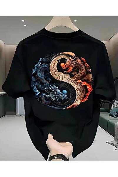 NIGRUM PARDUS Plus Size Yin Yang Dragons Back Printed 100% Cotton Crewneck Me...