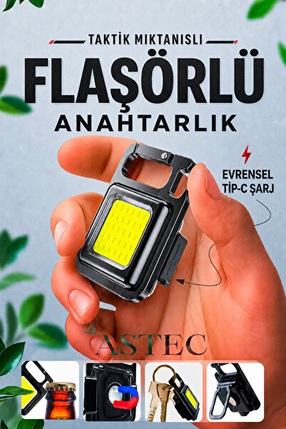 ASTEC Şarjlı COB LED Anahtarlık Feneri Mıknatıslı Karabinalı Flaşörlü Type-C ...