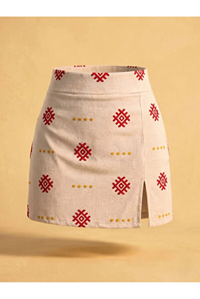 Velista Fustă mini cu fermoar din in, cu broderie etnică, crem, pentru femei,...