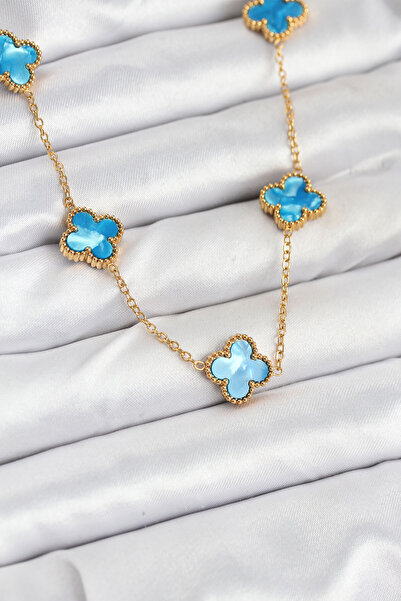 Mega Bazaar 316L Steel Chain Gold Ice Blue Color Clover Necklace