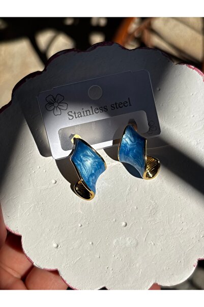 MODA Maisonlune Blue Enamel Gold Color Stainless Steel Earrings Modern Wavy D...