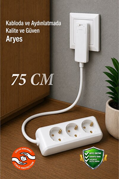 Aryes 3'lü İnce Fişli Uzatma Kablosu 75 cm Topraklı Beyaz