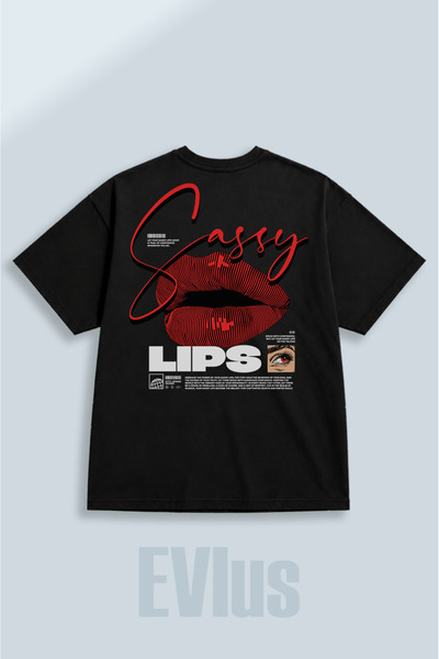 EVIus Tricou negru supradimensionat, cu imprimeu Sassy Lips, 100% bumbac, cu ...