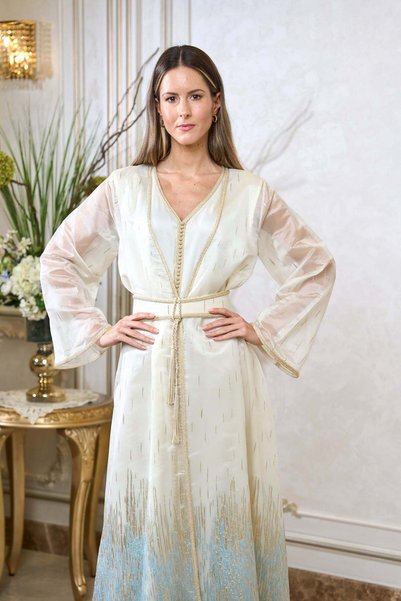 ELEGANZA LA MODE Off White, Blue Moroccan Kaftan – ELM M 665