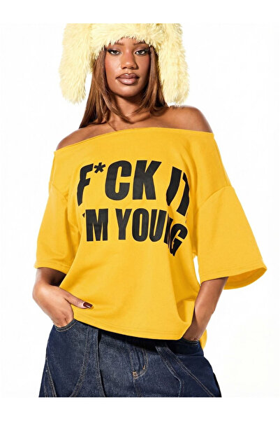 OVER HEAD Tricou pentru femei I Am Young, cu imprimeu, cu gât barcă și umeri ...