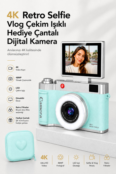 RoseandRoses 4K Retro Selfie Vlog Çekim Işıklı Hediye Çantalı Dijital Kamera ...