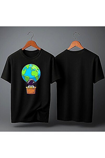 ELFERA Space Balloon Earth Planet Black Printed Tshirt