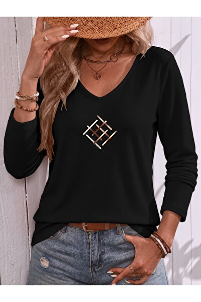 mercoledi Mix Printed Cotton V-Neck Long Sleeve Blouse