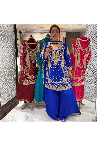 MYSMAR Blue Chinon Silk Salwar Kameez & Dupatta Set - HRT5151 | Blue-Size:M-3...