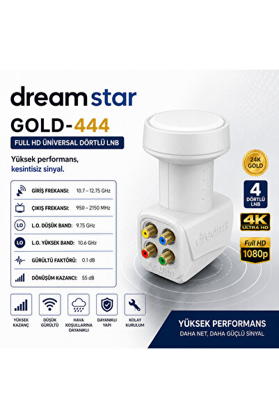 Dreamstar Gold-444 Universal Dörtlü LNB 0.1 dB 4 Çıkışlı Full HD 4K UHD Uydu Anteni LNB 55 dB Yüksek Kazanç Düşük Gürültülü