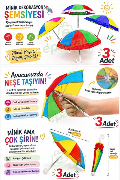 epazzar 3 Adet Minik Gökkuşağı Renk Dekorasyon Şemsiyesi - Küçük Minik Konsep...