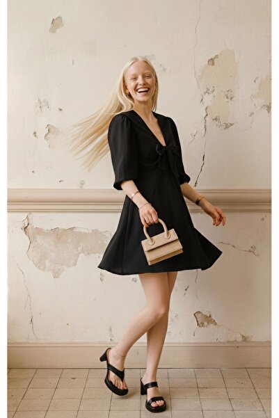 Lizay Dress Kadın V Yaka Kelebek İpli Yarım Balon Kollu Mini Elbise
