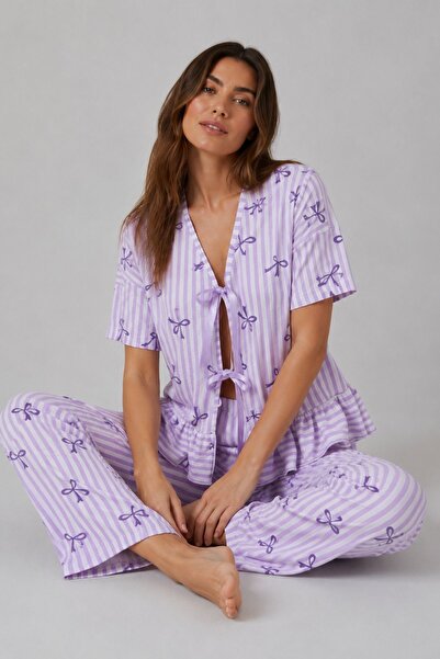 BELLA NOTTE Lilac Striped Bow Patterned Women's Pajama Set with Tie Detail