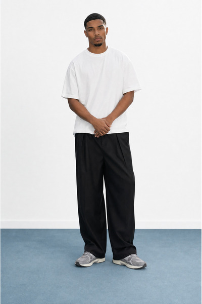 Respire Men's Deep Pleated Fabric Baggy Trousers Black