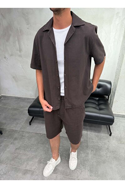 DIFRANSEL JEANS Boxy Fit Linen Shirt Shorts Coffee Set