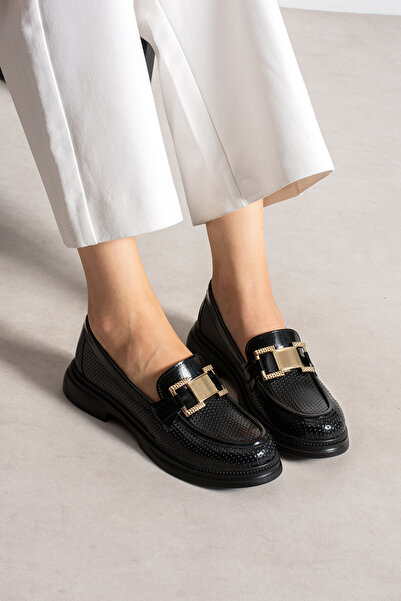 Hepici Women's Black Patent Leather Loafer Shoes with Gold Buckle, Daily Comf...