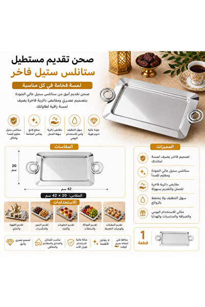 Dania Premium Stainless Steel Rectangular Serving Tray with Round Handles - 1...