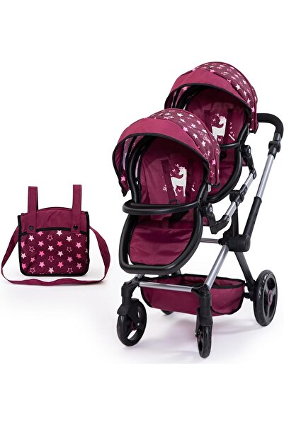 Bayer Design Twin Dolls Pram, Carriage, Bordeaux, Pink, Stars