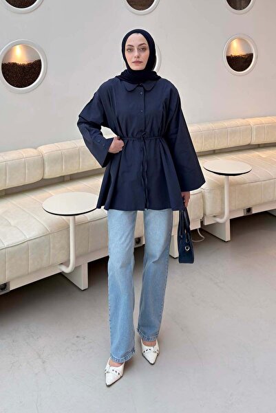 lamelif Fake Cuff Shirt with Tie Detail Navy Blue