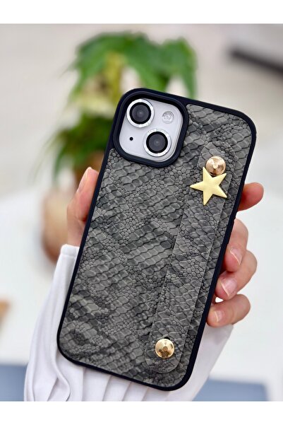 Go Aksesuar Iphone 15 - 14 - 13 Uyumlu Tutacaklı Yıldız Tasarımlı Deri Görünümlü Esnek Silikon Kılıf