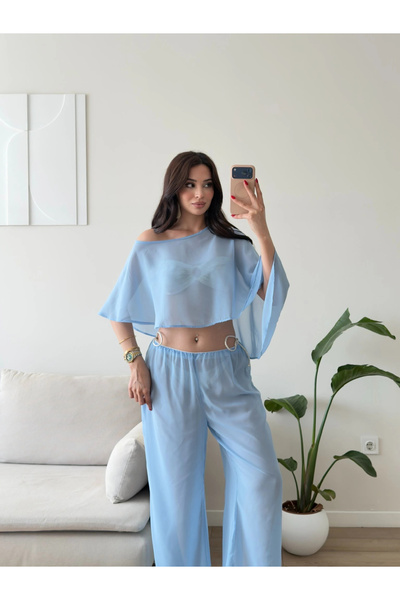 Zoom Butik Pelerin Tül Pareo Takım - MAVİ