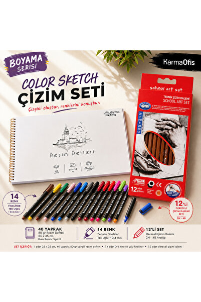 KarmaOfis مجموعة رسم بالألوان مقاس 25 × 35 سم، 40 ورقة، 14 لونًا، قلم تحديد د...