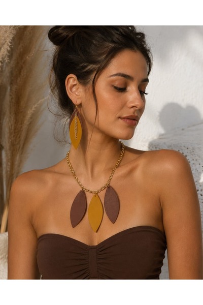 Kutcha Accessories Leaf Design Leather Necklace Earring Set