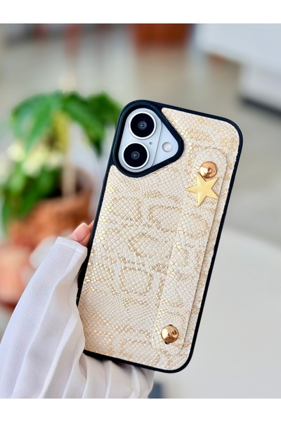 Go Aksesuar Iphone 16 Uyumlu Tutacaklı Yıldız Tasarımlı Deri Görünümlü Esnek Silikon Kılıf